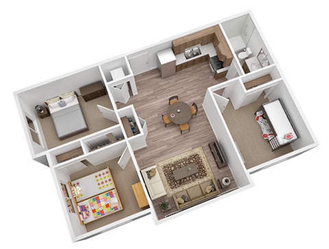 A 3D floor plan of a small apartment with a kitchen, living room, and bedroom.